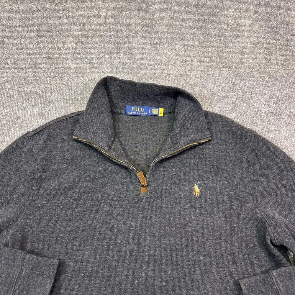 Polo Ralph Lauren Sweater Mens Large Gray Cotton 1/4 Zip Mock Neck Pullover Logo